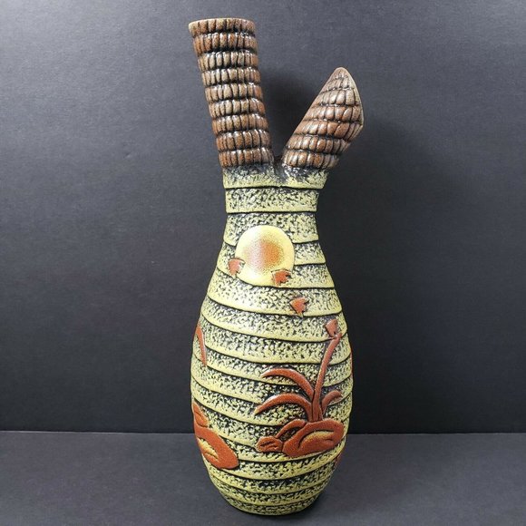 Pier 1 Brown Yellow 11.75" Ribbed Decorative Ceramic Vase - Picture 4 of 12